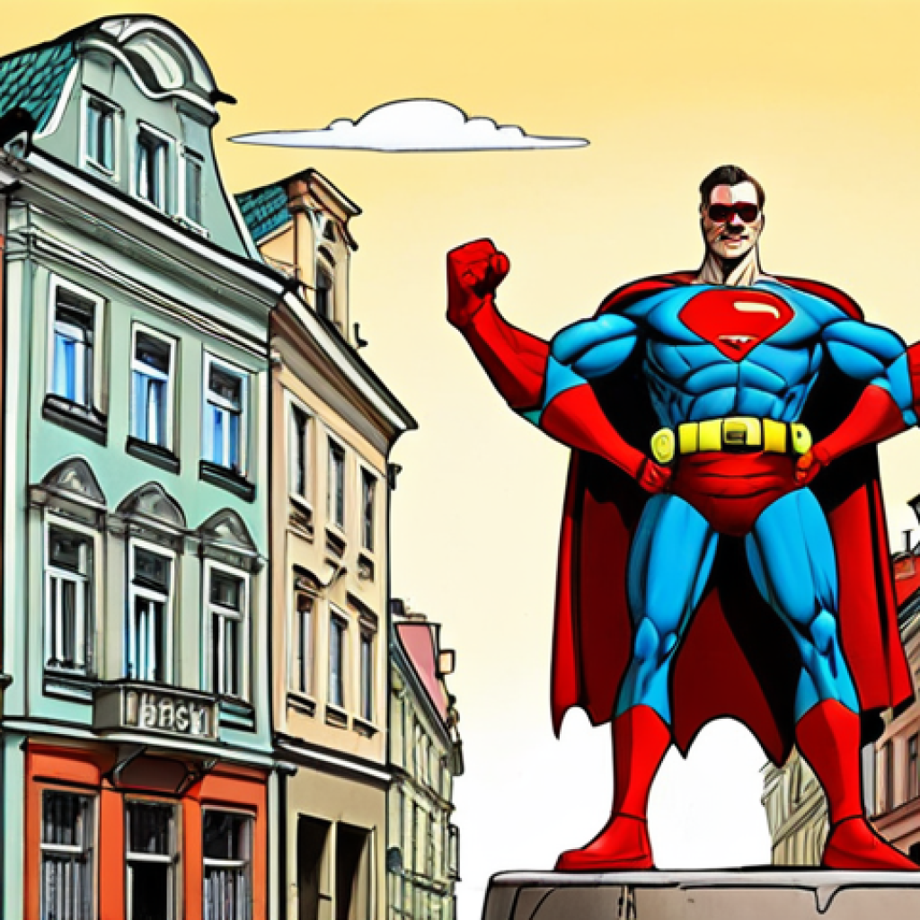 **A humorous caricature of a well-known superhero on an adult toy, drawn in a style reminiscent of Polish satirical comics. The background should include elements of Warsaw architecture, emphasizing the parody aspect.**