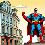 **A humorous caricature of a well-known superhero on an adult toy, drawn in a style reminiscent of Polish satirical comics. The background should include elements of Warsaw architecture, emphasizing the parody aspect.**