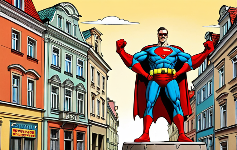 **A humorous caricature of a well-known superhero on an adult toy, drawn in a style reminiscent of Polish satirical comics. The background should include elements of Warsaw architecture, emphasizing the parody aspect.**