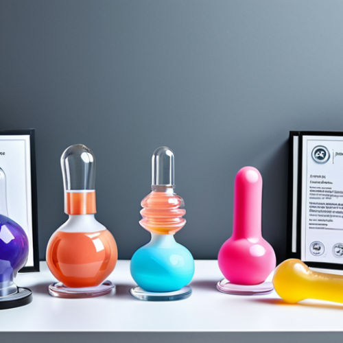 Home 6 ** A display of various sex toys made of medical-grade silicone and glass, showcasing CE, RoHS, and FDA certifications, presented in a clean, modern setting. The toys are colorful and arranged artfully, demonstrating different shapes and sizes. Include labels highlighting the certifications and material safety. Fully clothed, safe for work, appropriate content, professional, family-friendly, perfect anatomy, natural proportions, product photography, high quality.
**