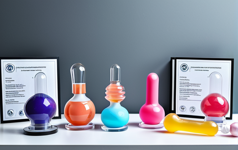 ** A display of various sex toys made of medical-grade silicone and glass, showcasing CE, RoHS, and FDA certifications, presented in a clean, modern setting. The toys are colorful and arranged artfully, demonstrating different shapes and sizes. Include labels highlighting the certifications and material safety. Fully clothed, safe for work, appropriate content, professional, family-friendly, perfect anatomy, natural proportions, product photography, high quality.
**